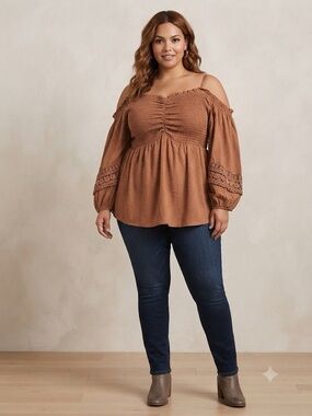 Torrid size 3 Brown Off-Shoulder Smocked Peasant Top with crochet detail